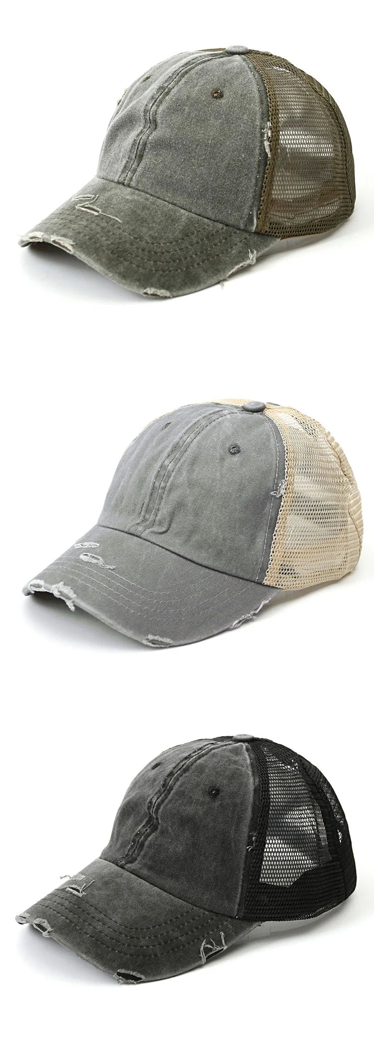 Unisex Baseball Cap mit Zopfdurchlass – Denim Patchwork & Mesh Design | Verstellbare Vintage Snapback Mütze für Sommer, Damen & Herren