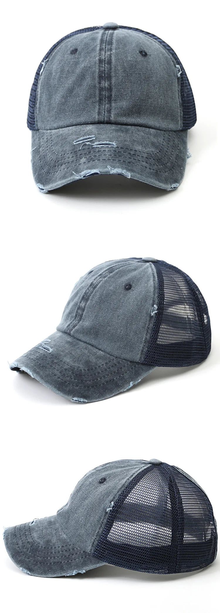 Unisex Baseball Cap mit Zopfdurchlass – Denim Patchwork & Mesh Design | Verstellbare Vintage Snapback Mütze für Sommer, Damen & Herren