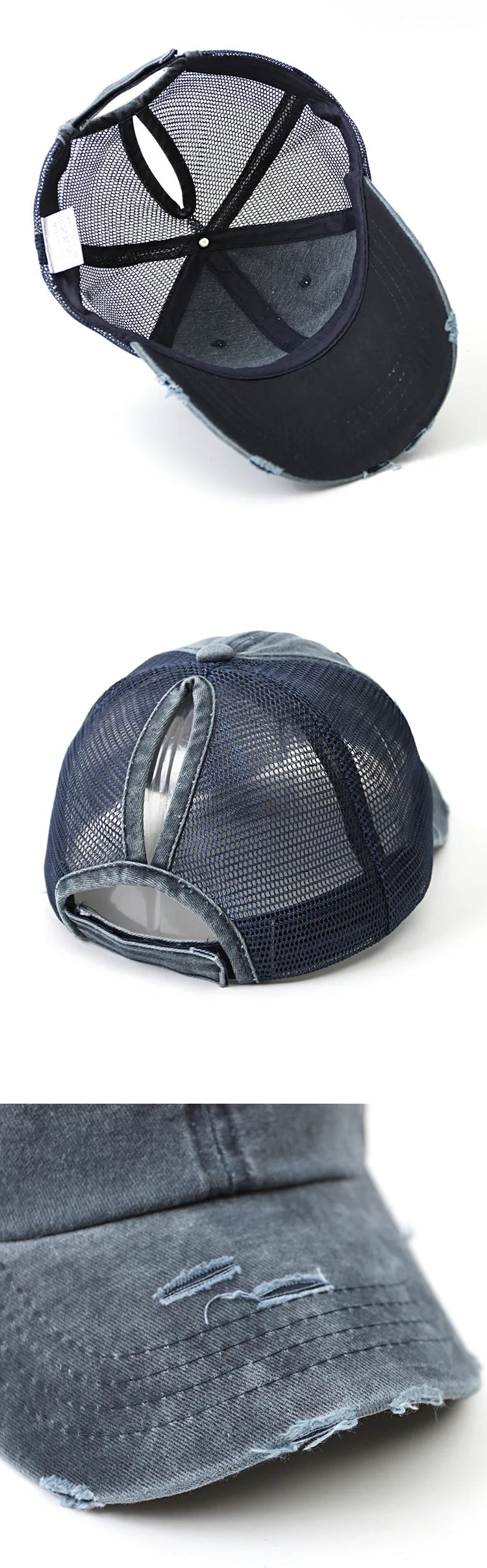 Unisex Baseball Cap mit Zopfdurchlass – Denim Patchwork & Mesh Design | Verstellbare Vintage Snapback Mütze für Sommer, Damen & Herren