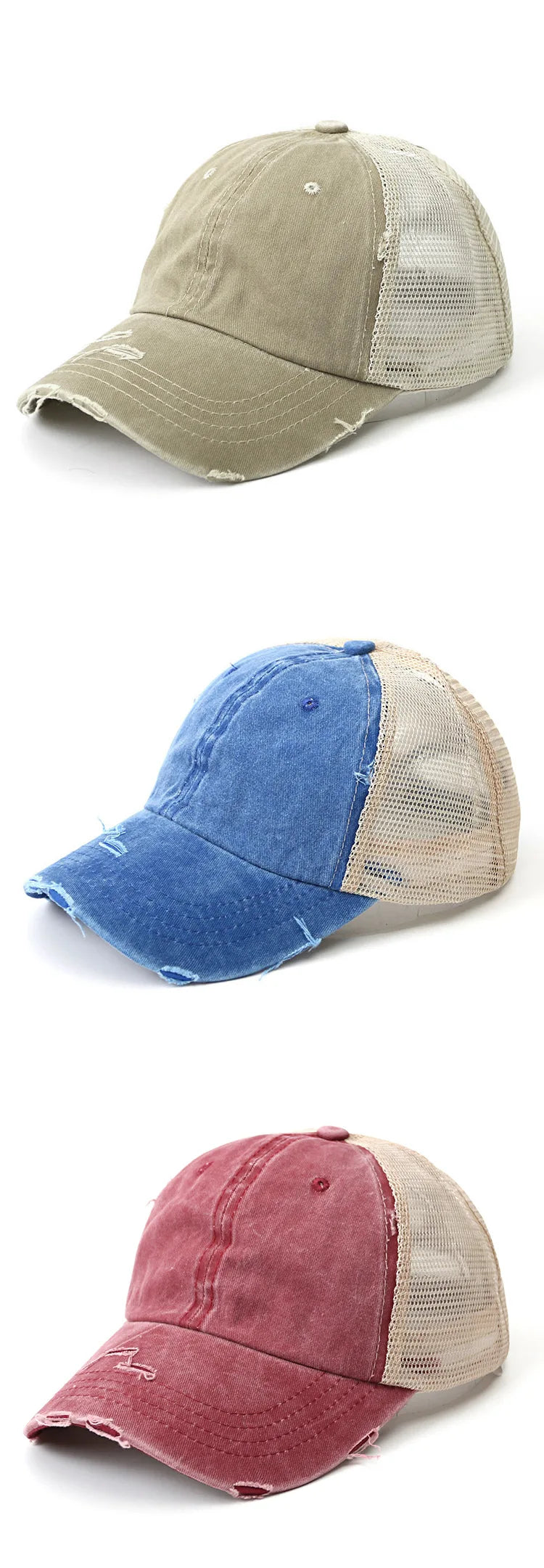 Unisex Baseball Cap mit Zopfdurchlass – Denim Patchwork & Mesh Design | Verstellbare Vintage Snapback Mütze für Sommer, Damen & Herren