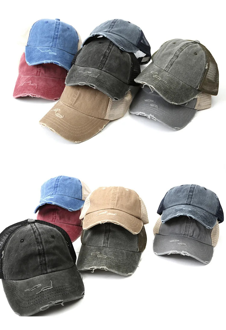 Unisex Baseball Cap mit Zopfdurchlass – Denim Patchwork & Mesh Design | Verstellbare Vintage Snapback Mütze für Sommer, Damen & Herren