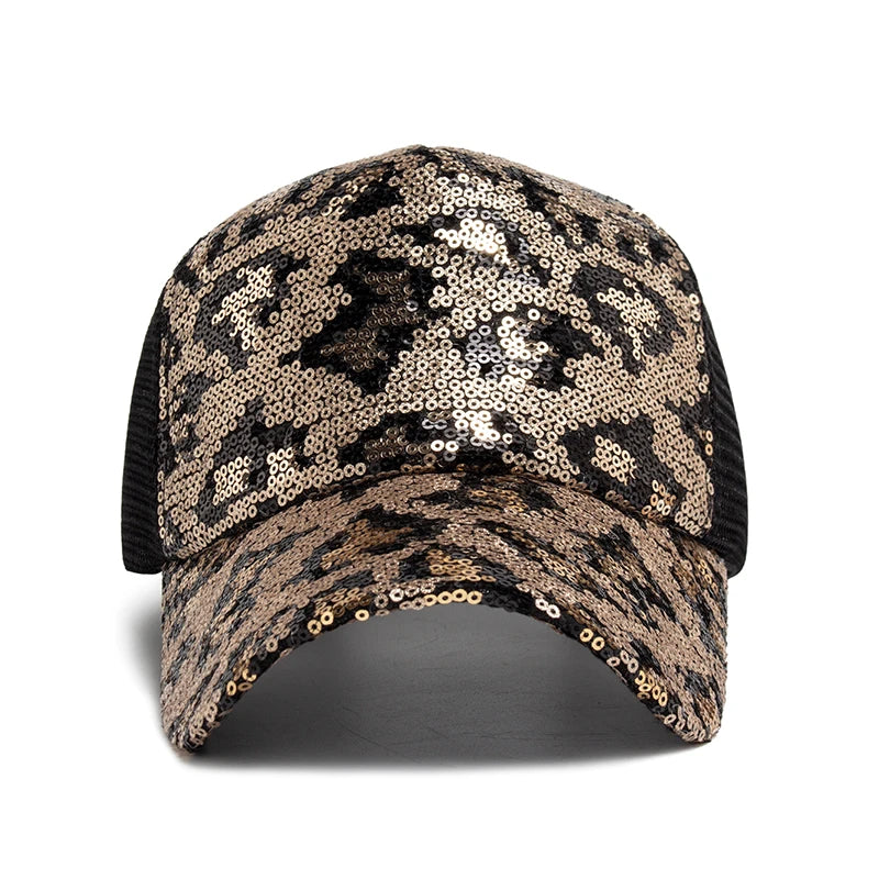 Unisex Mesh Baseball Cap mit Leopardenmuster & Glitzerdetails – Verstellbare Sommermütze | Modische Sonnenkappe für Damen & Herren