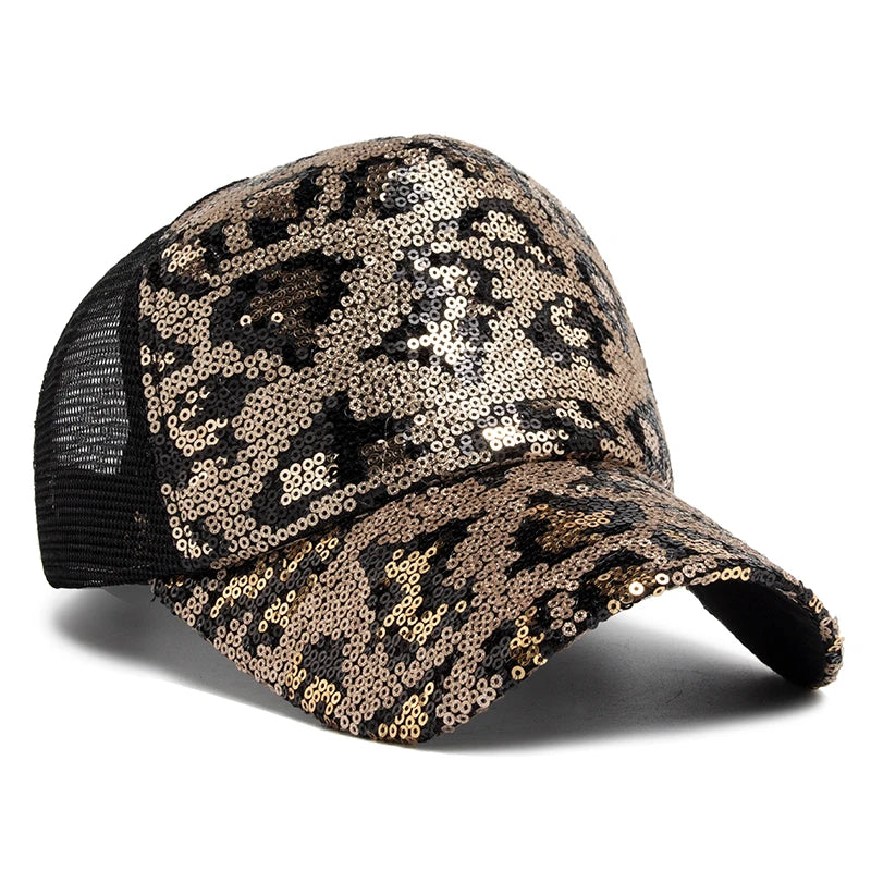 Unisex Mesh Baseball Cap mit Leopardenmuster & Glitzerdetails – Verstellbare Sommermütze | Modische Sonnenkappe für Damen & Herren