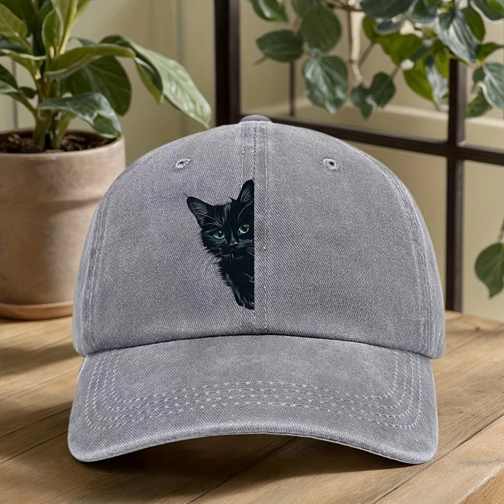 Unisex Baseball Cap mit Schwarzer-Katzen-Print – Verstellbare Retro Duckbill Kappe | Sonnenschutz & Freizeitmütze für Damen & Herren