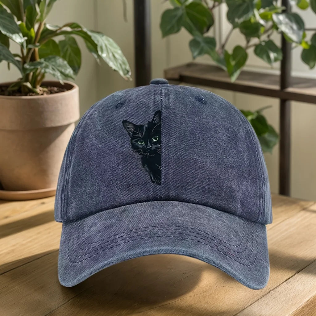 Unisex Baseball Cap mit Schwarzer-Katzen-Print – Verstellbare Retro Duckbill Kappe | Sonnenschutz & Freizeitmütze für Damen & Herren