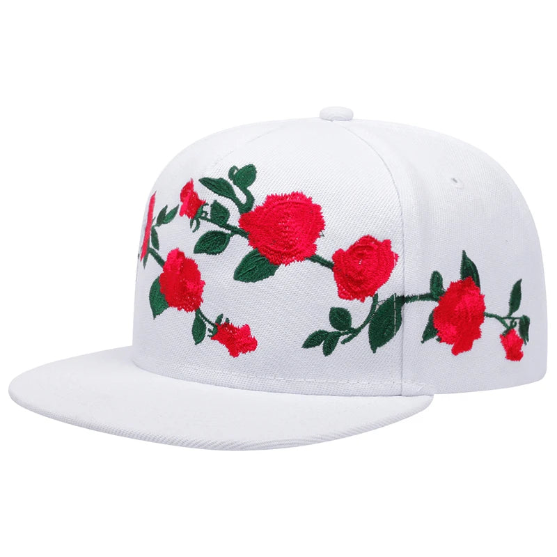 Unisex Baseball Cap mit Rosenstickerei – Flache Krempe | Modische Streetwear & Hip Hop Sonnenmütze für Damen & Herren