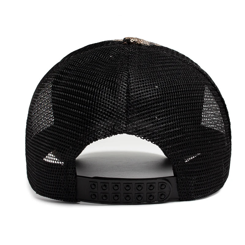 Unisex Mesh Baseball Cap mit Leopardenmuster & Glitzerdetails – Verstellbare Sommermütze | Modische Sonnenkappe für Damen & Herren