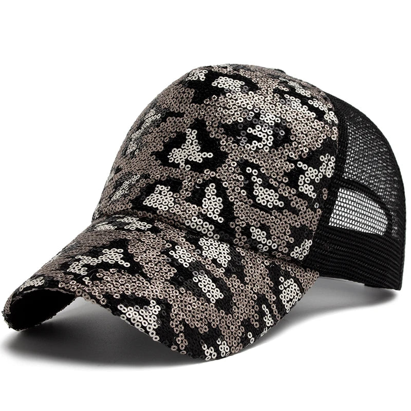 Unisex Mesh Baseball Cap mit Leopardenmuster & Glitzerdetails – Verstellbare Sommermütze | Modische Sonnenkappe für Damen & Herren