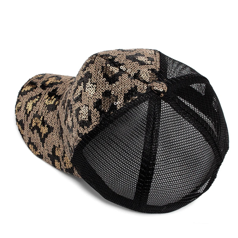 Unisex Mesh Baseball Cap mit Leopardenmuster & Glitzerdetails – Verstellbare Sommermütze | Modische Sonnenkappe für Damen & Herren