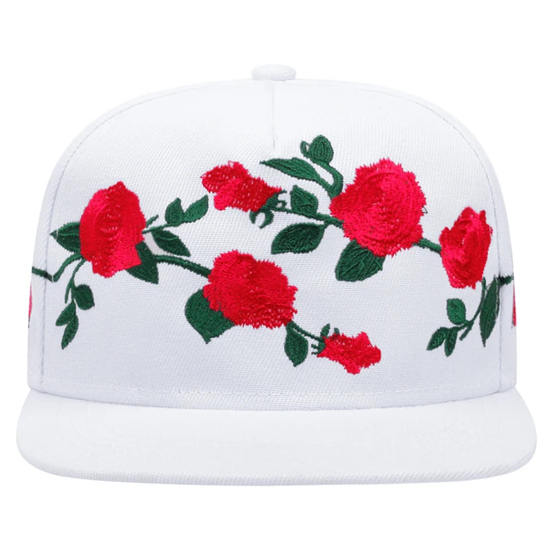 Unisex Baseball Cap mit Rosenstickerei – Flache Krempe | Modische Streetwear & Hip Hop Sonnenmütze für Damen & Herren