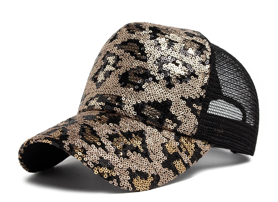 Unisex Mesh Baseball Cap mit Leopardenmuster & Glitzerdetails – Verstellbare Sommermütze | Modische Sonnenkappe für Damen & Herren