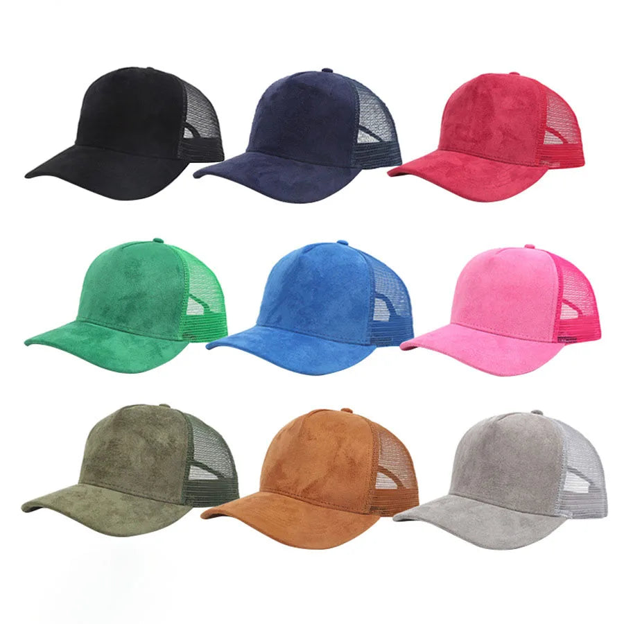 Unisex 5-Panel Trucker Cap mit Wildlederfront & Mesh-Rückseite – Verstellbare Einfarbige Baseballmütze | Atmungsaktive Sommermütze für Damen & Herren
