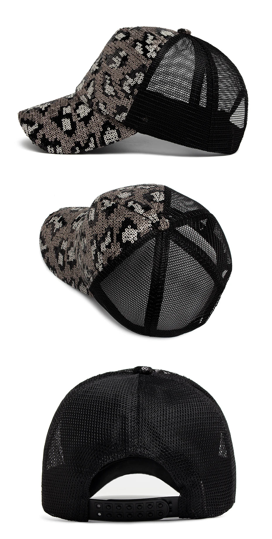 Unisex Mesh Baseball Cap mit Leopardenmuster & Glitzerdetails – Verstellbare Sommermütze | Modische Sonnenkappe für Damen & Herren