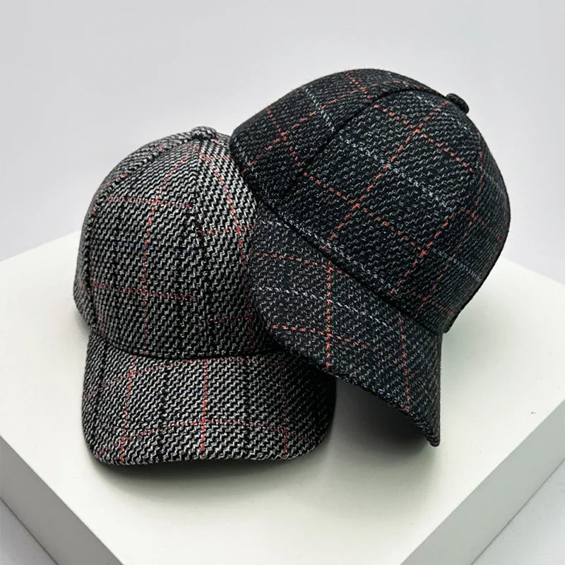 Unisex Baseball Cap aus Wollmischung mit Karomuster – Verstellbare Retro Mütze im Britischen Stil | Warme Herbst- & Winterkappe für Damen & Herren