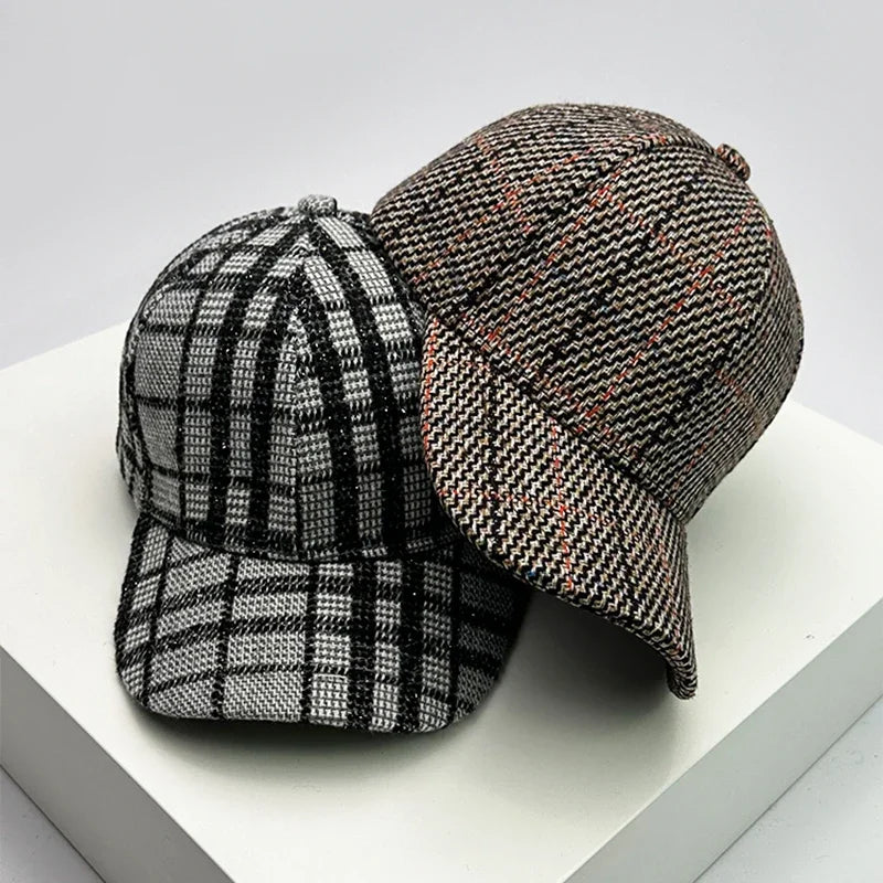Unisex Baseball Cap aus Wollmischung mit Karomuster – Verstellbare Retro Mütze im Britischen Stil | Warme Herbst- & Winterkappe für Damen & Herren