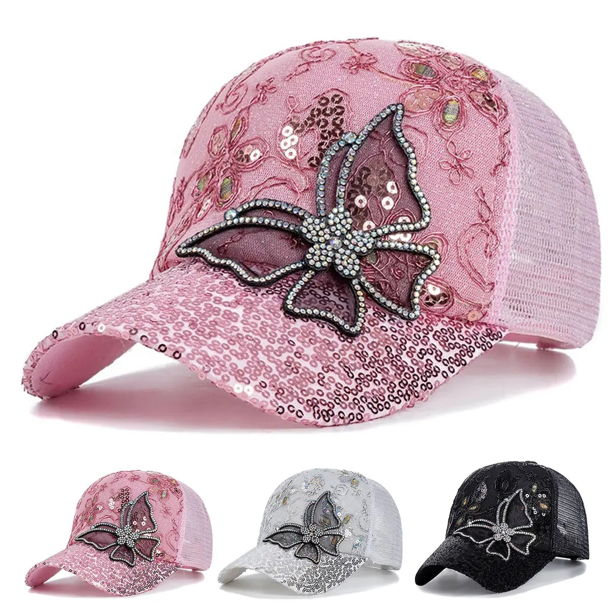 Unisex Baseball Cap mit Schmetterlingsspitze & Glitzer – Verstellbare Mesh Sommermütze | Sonnenschutz & Modisches Accessoire für Damen & Herren