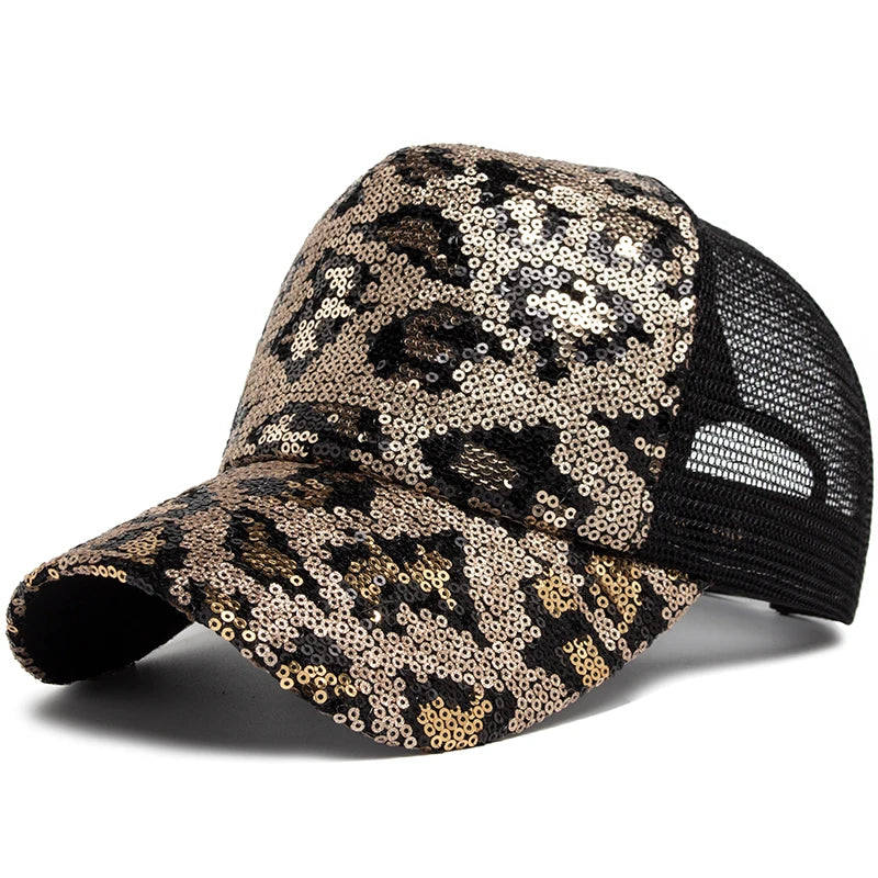 Unisex Mesh Baseball Cap mit Leopardenmuster & Glitzerdetails – Verstellbare Sommermütze | Modische Sonnenkappe für Damen & Herren