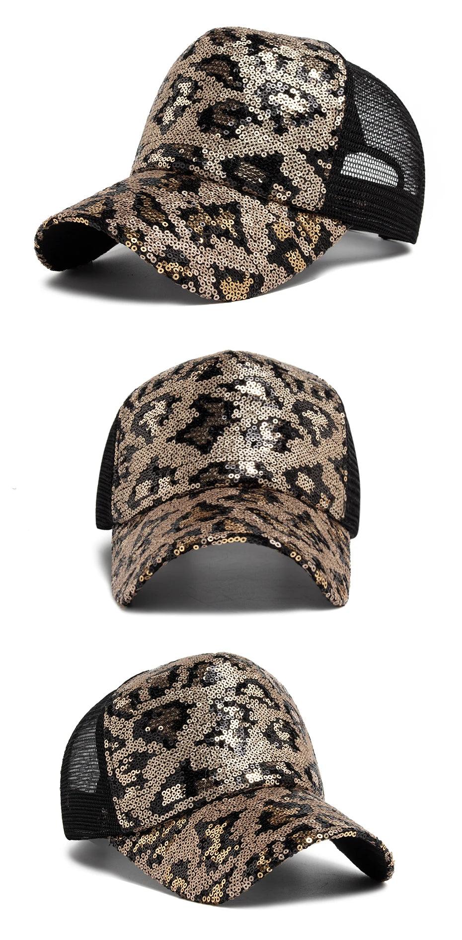 Unisex Mesh Baseball Cap mit Leopardenmuster & Glitzerdetails – Verstellbare Sommermütze | Modische Sonnenkappe für Damen & Herren
