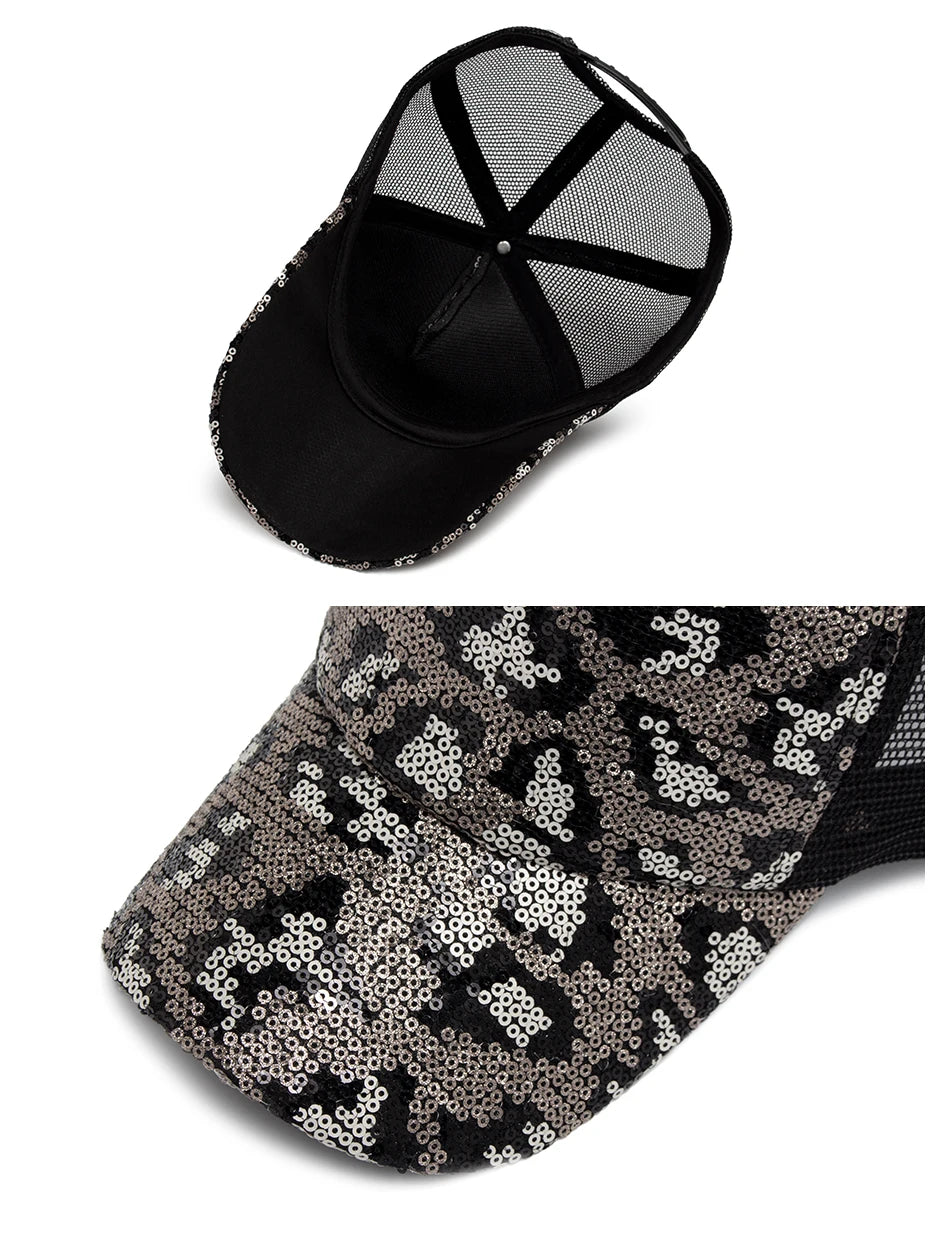 Unisex Mesh Baseball Cap mit Leopardenmuster & Glitzerdetails – Verstellbare Sommermütze | Modische Sonnenkappe für Damen & Herren