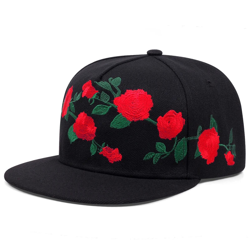Unisex Baseball Cap mit Rosenstickerei – Flache Krempe | Modische Streetwear & Hip Hop Sonnenmütze für Damen & Herren