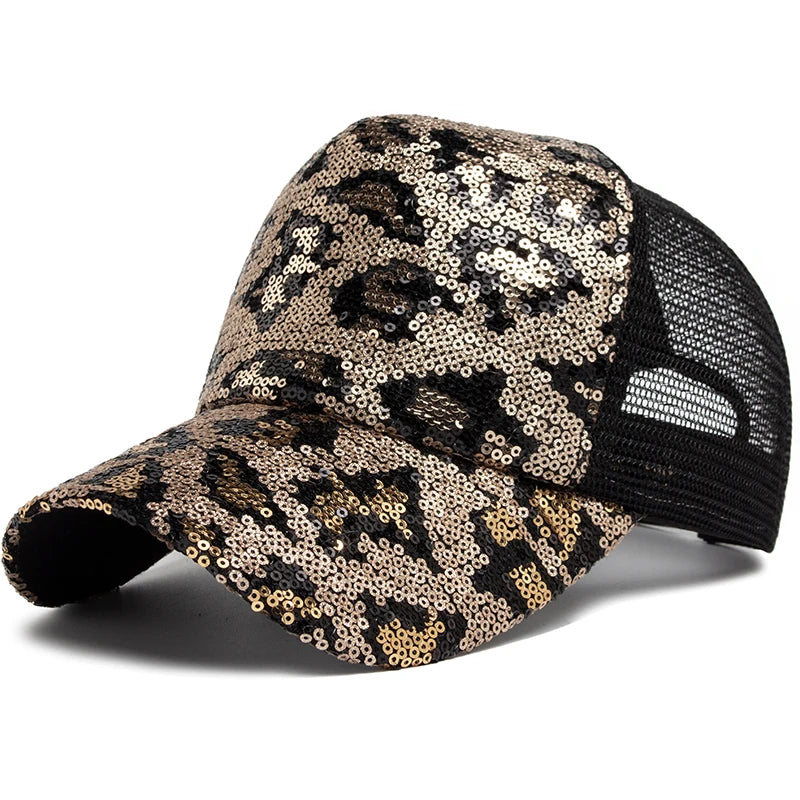 Unisex Mesh Baseball Cap mit Leopardenmuster & Glitzerdetails – Verstellbare Sommermütze | Modische Sonnenkappe für Damen & Herren