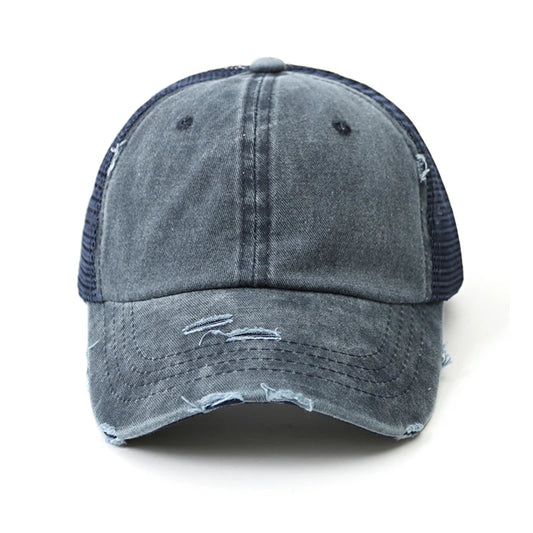 Unisex Baseball Cap mit Zopfdurchlass – Denim Patchwork & Mesh Design | Verstellbare Vintage Snapback Mütze für Sommer, Damen & Herren