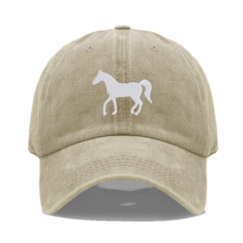 Unisex Baseball Cap mit Pferde-Stickerei – Gewaschene Baumwollkappe im Vintage-Stil | Verstellbare Freizeit- & Golfmütze für Damen & Herren