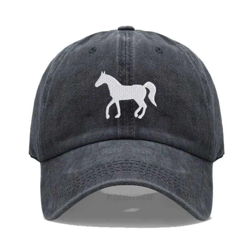 Unisex Baseball Cap mit Pferde-Stickerei – Gewaschene Baumwollkappe im Vintage-Stil | Verstellbare Freizeit- & Golfmütze für Damen & Herren