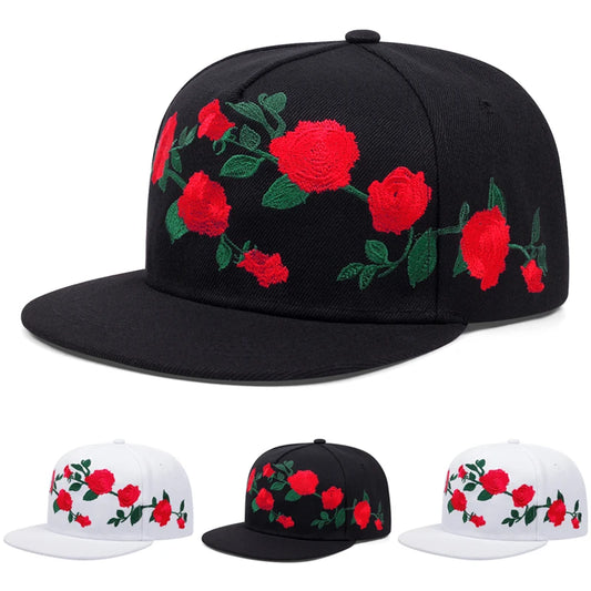 Unisex Baseball Cap mit Rosenstickerei – Flache Krempe | Modische Streetwear & Hip Hop Sonnenmütze für Damen & Herren