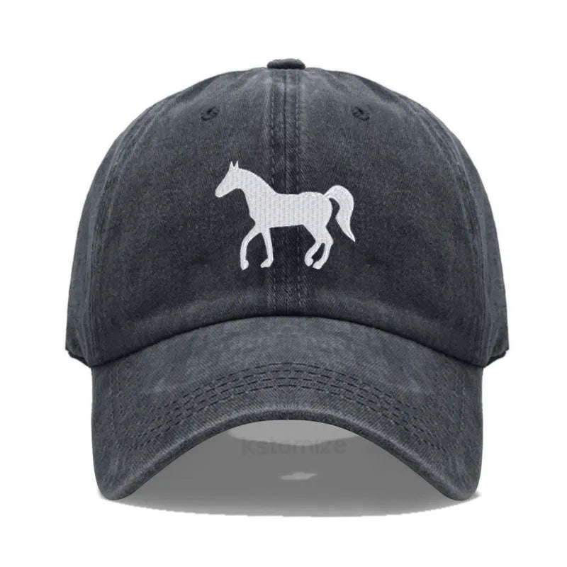Unisex Baseball Cap mit Pferde-Stickerei – Gewaschene Baumwollkappe im Vintage-Stil | Verstellbare Freizeit- & Golfmütze für Damen & Herren