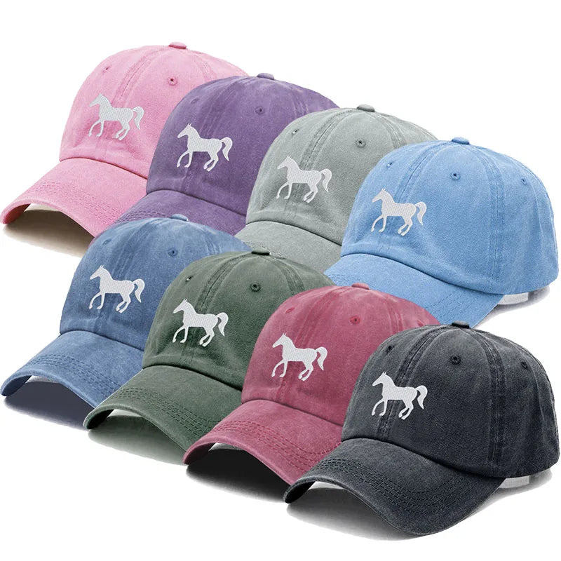 Unisex Baseball Cap mit Pferde-Stickerei – Gewaschene Baumwollkappe im Vintage-Stil | Verstellbare Freizeit- & Golfmütze für Damen & Herren