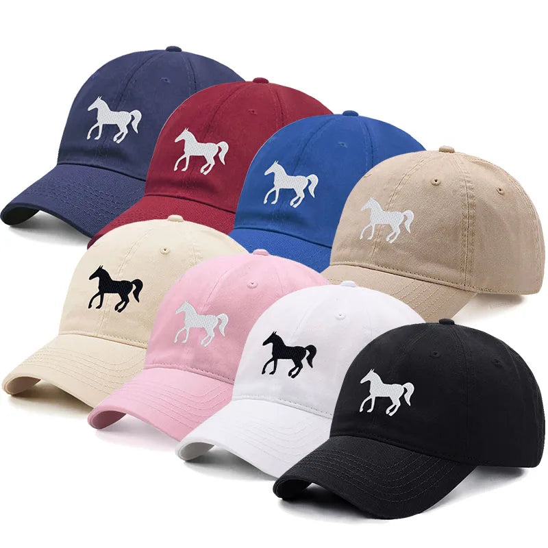 Unisex Baseball Cap mit Pferde-Stickerei – Gewaschene Baumwollkappe im Vintage-Stil | Verstellbare Freizeit- & Golfmütze für Damen & Herren
