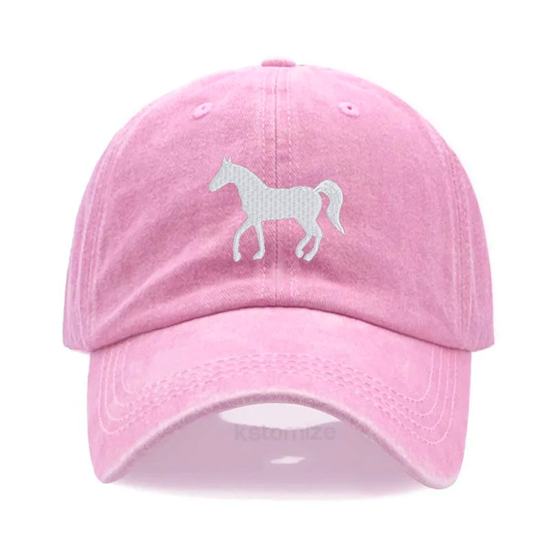 Unisex Baseball Cap mit Pferde-Stickerei – Gewaschene Baumwollkappe im Vintage-Stil | Verstellbare Freizeit- & Golfmütze für Damen & Herren