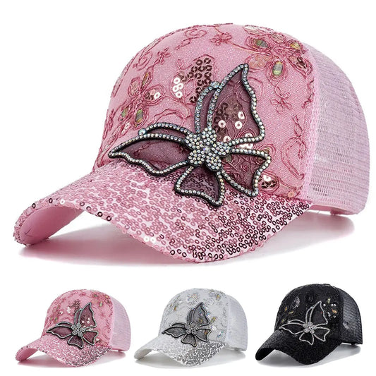 Unisex Baseball Cap mit Schmetterlingsspitze & Glitzer – Verstellbare Mesh Sommermütze | Sonnenschutz & Modisches Accessoire für Damen & Herren