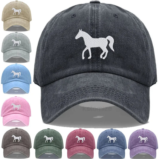Unisex Baseball Cap mit Pferde-Stickerei – Gewaschene Baumwollkappe im Vintage-Stil | Verstellbare Freizeit- & Golfmütze für Damen & Herren