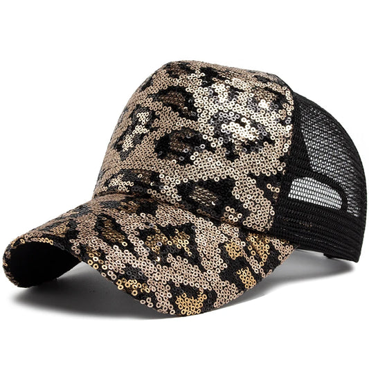 Unisex Mesh Baseball Cap mit Leopardenmuster & Glitzerdetails – Verstellbare Sommermütze | Modische Sonnenkappe für Damen & Herren