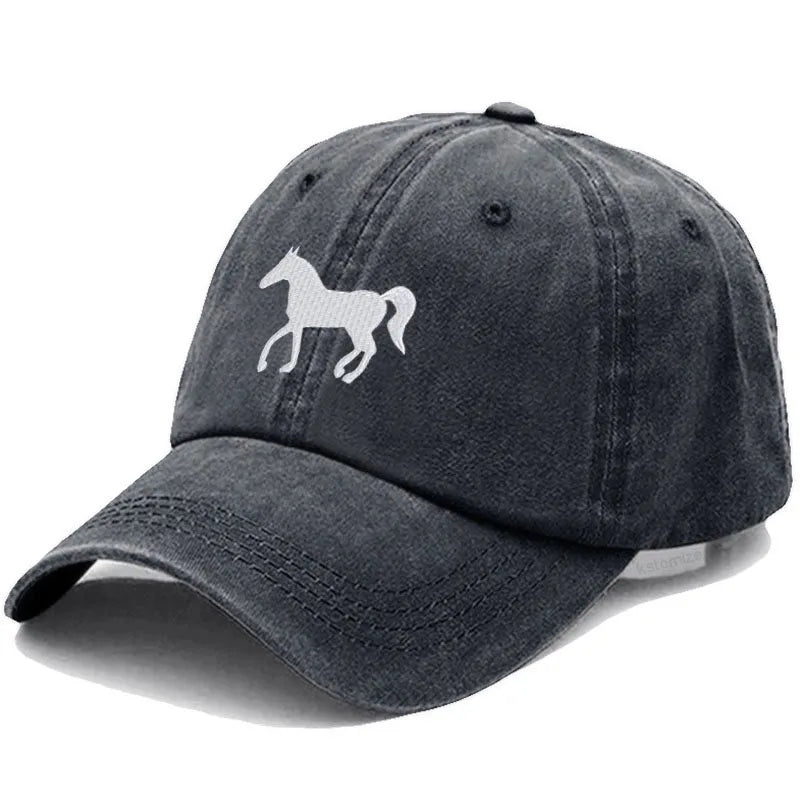 Unisex Baseball Cap mit Pferde-Stickerei – Gewaschene Baumwollkappe im Vintage-Stil | Verstellbare Freizeit- & Golfmütze für Damen & Herren