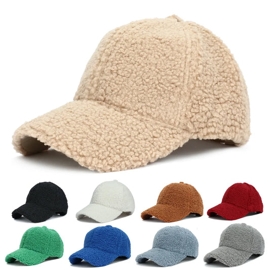 Unisex Baseball Cap aus Kunstlammfell – Warme Herbst & Winter Mütze | Weiche Plüsch Kappe mit Verstellbarem Riemen