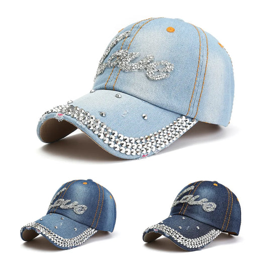 Unisex Denim Baseball Cap mit Strass “LOVE” Schriftzug – Verstellbare Retro Snapback Mütze | Sommerliche Sonnenkappe für Damen & Herren